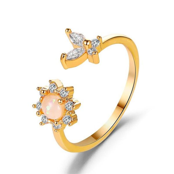 

wedding rings charming sunflower opal for women butterfly opening adjustable white zircon cubic female party jewelry gift, Slivery;golden