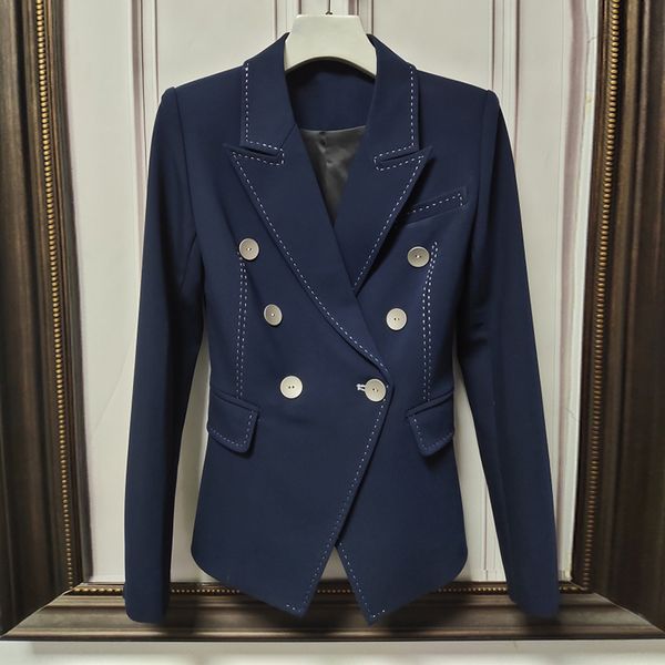 

womens high street stylish designer blazer womens double breasted shell buttons stitching contrast blazer jacket, White;black