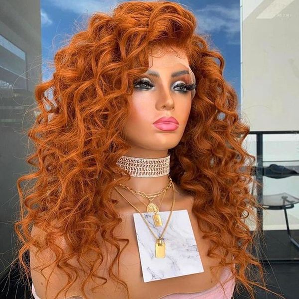 

mongolian glueless ginger orange 13x6 lace front human hair wigs with baby loose wave for black women natural hairline1, Black;brown
