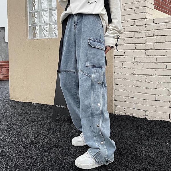 

men's jeans men women straight button splice loose casual streetwear hip hop cargo denim pants harajuku wide leg trousers n3569, Blue