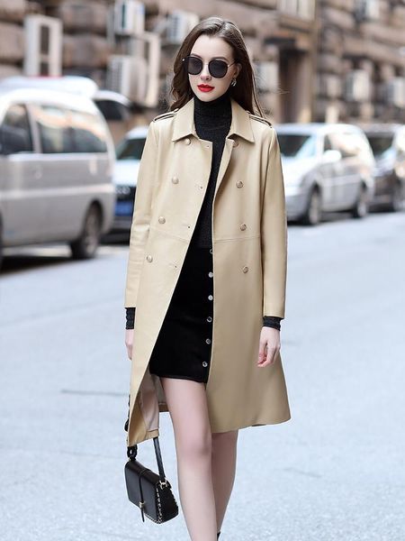 

women's leather & faux high end classic pearl sheepskin windbreaker women's middle length 2021 spring and autumn waist closing, Black