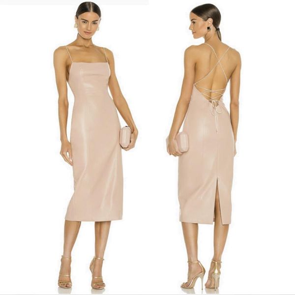 

casual dresses modern nude blush pu faux leather slip midi dress strapless backless cross-over bandage sheath bodycon strappy date gown, Black;gray