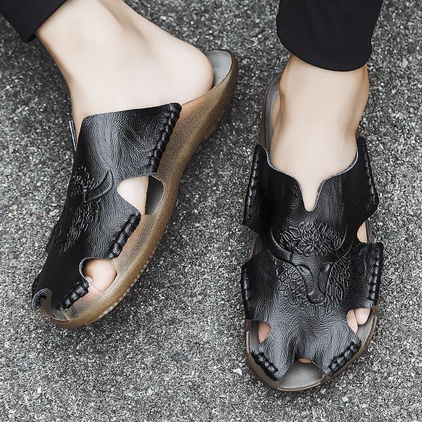 

summer genuine leather mens sandals classic breathable slip-on sandals men casual beach shoes outdoor slippers plus size2021, Black