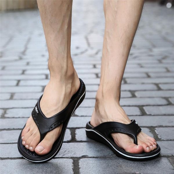 

slippers brand pu leather summer men beach sandals comfort casual shoes fashion flip flops sell footwear 2021, Black