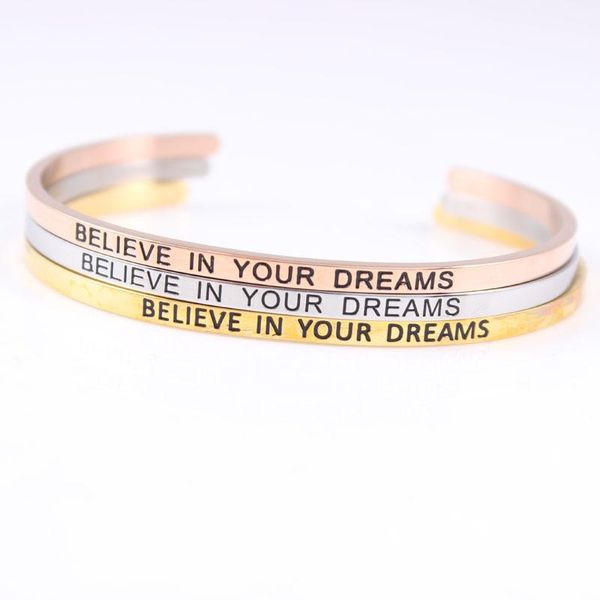 

bangle 316l stainless steel engraved believe in your dreams positive inspirational quote cuff mantra bracelet for women men, Black