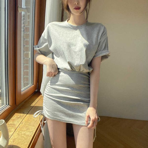 Womengaga korea sommer mini kleide runden hals kurzärmelischnur hoher taille gefälschte kleider kleider t Shirt Qeq2 210603