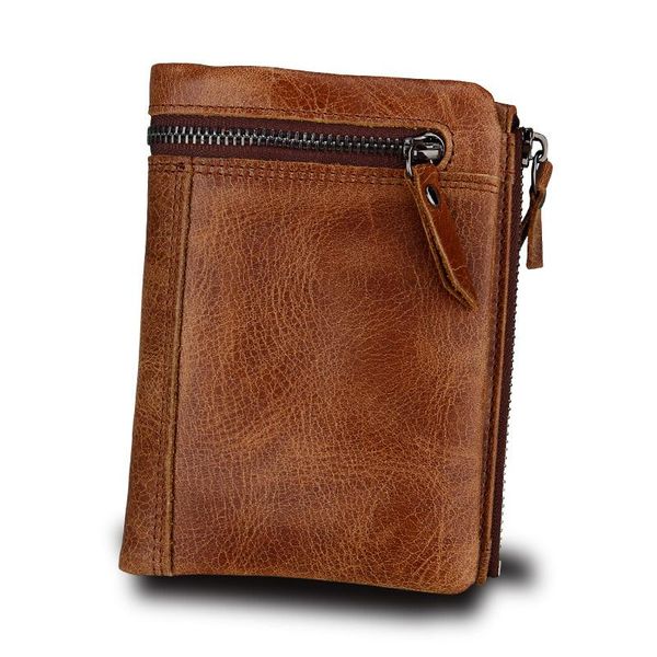 

wallets men's genuine leather wallet vintage short coin purse rfid zipper poucht male clamp money portomonee, Red;black
