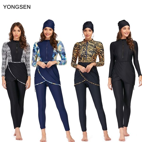 Yongsen Mulheres Plus Size Muslim Swimsuit Burkinis Modestas Modestas Islâmica Mangas Longa Muslimah Hijab Capa Completa Swimwears 210611