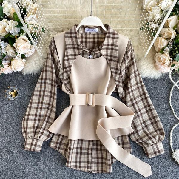 

women's blouses & shirts women 2021 autumn winter vintage elegant lantern sleeve plaid button up shirt + lace woolen vest two piece set, White