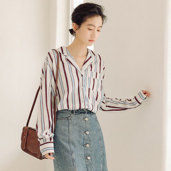 

women's blouses & shirts v-neck striped womens long sleeve cotton chiffon women fashion casual femme y3gn, White