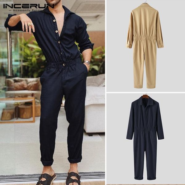 

mens fashion solid jumpsuits casual front pockets bib pants vintage buttons overalls incerun long sleeve lapel rompers 5xl men's, Black