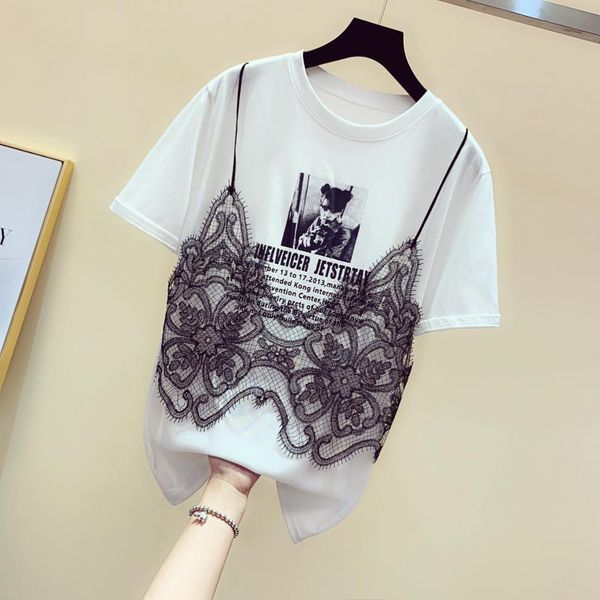 

summer women's o neck short sleeves lace patchwork cotton t-shirt tee girls pullover casual tees a2616 210428, White