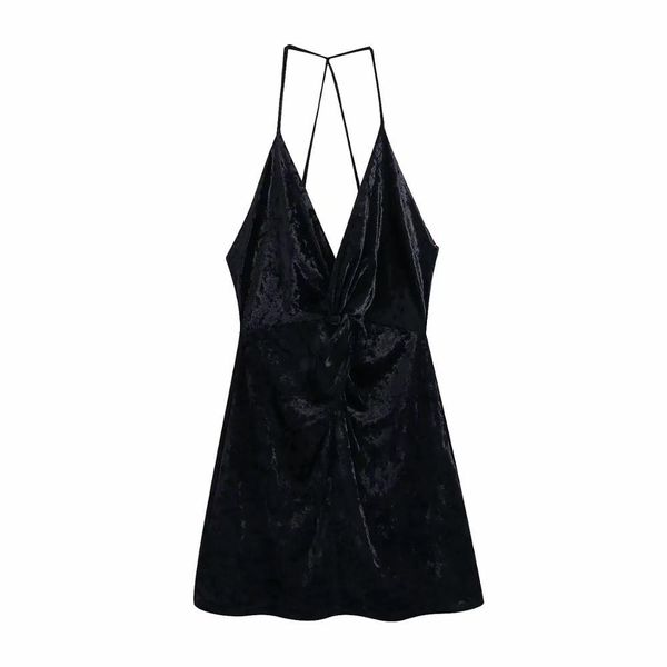 

women dress velvet v-neck thin cross-straps sleeveless gathered mini elegant fashion casual es 210420, Black;gray