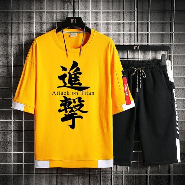 

anime attack on titan men tracksuit pure cotton t shirt tee punk rock jiyuu no tsubasa loose short pants, Gray