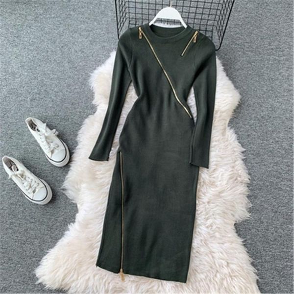 

casual dresses fashion zipper patchwork wear to work dress 2021 elegant knitted black ladies office autumn women bodycon, Black;gray
