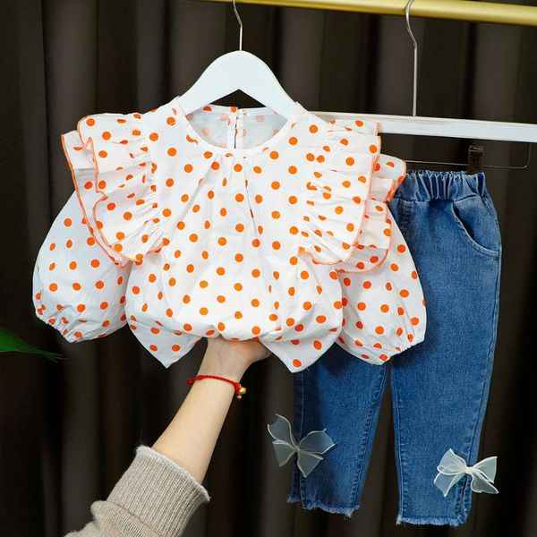 

clothing sets infant baby girl dot clothes fashion pleated lace collar + long denim bows trousers 2 pieces sweet 1 3 4 years children outfit, White