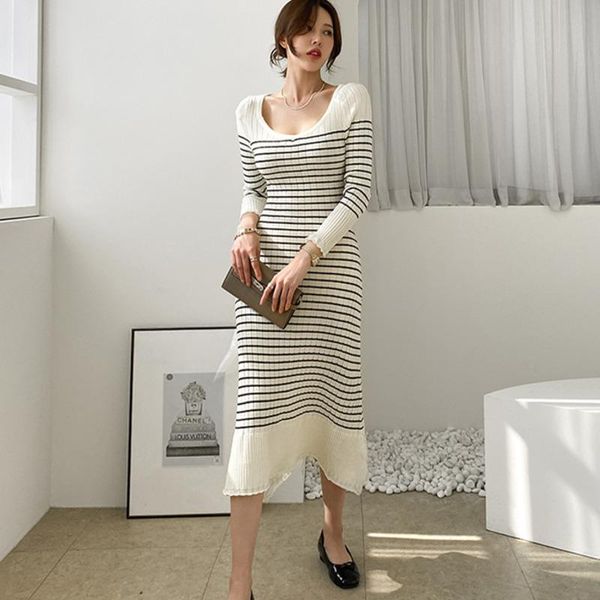 

casual dresses 2021 fashion autumn women striped knitted long dress ladies elegant full sleeve slim knit vestidos female, Black;gray