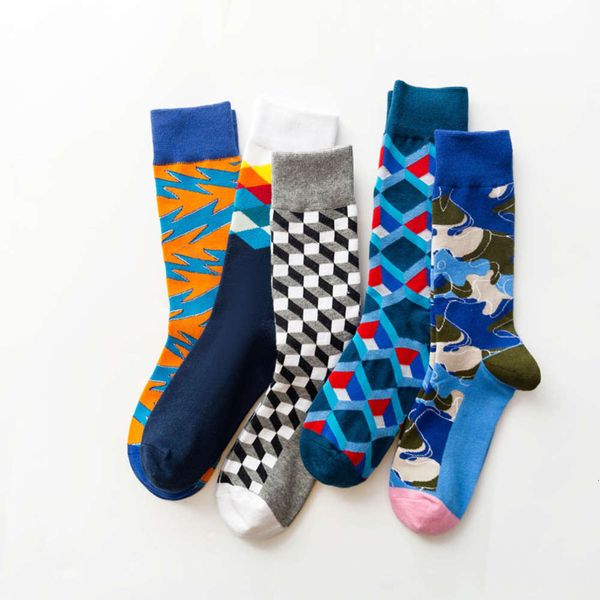

trendy socks men's trendy street blue series medium tube stockings autumn and winter cotton lattice wo, Black