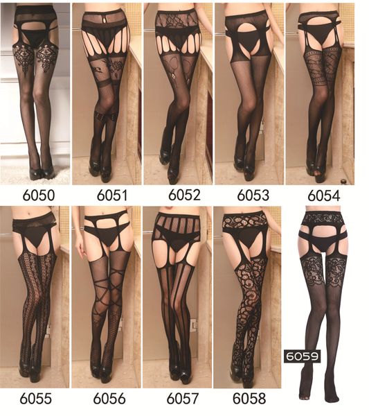 Designs Lady Fashion Sexy Spitzenstrumpfhosen Strümpfe hoch über weiblichen floralen Nylon-Fischnetzstrümpfen Schwarz Hohl Ouvert Pantyho