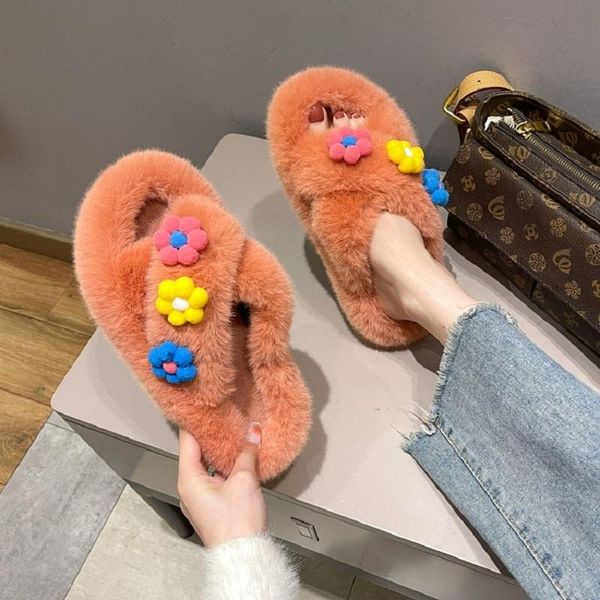 

slippers 2021 winter women house furry fashion faux fur warm comfortable flats female home slides black plush