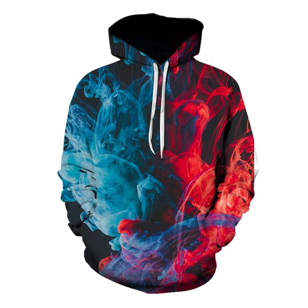 

red and blue light smoke pattern men s 3d printing hoodie visual impact party punk goth round neck american sweater hoodie, Black