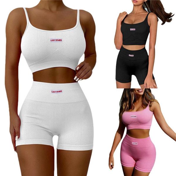 

summer women 2 piece clothes set casual solid color two outfits u-shaped collar sleeveless crop and shorts streetwear women's tracksui, Gray