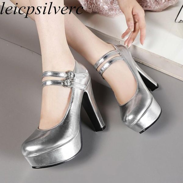 

women's pumps super high heel round toe buckle pu thick heels platform ankle-strap 2021 fashion casual sweet party gold dress shoes, Black