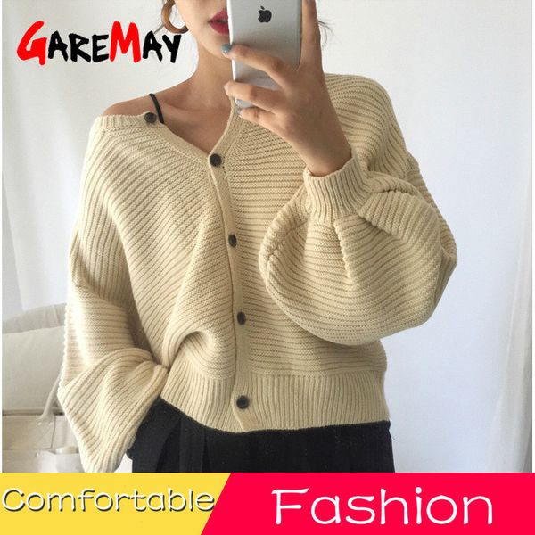 

casual fashion knitted cardigans sweater women solid autumn winter jumpers lantern sleeve button o-neck 210428, White;black