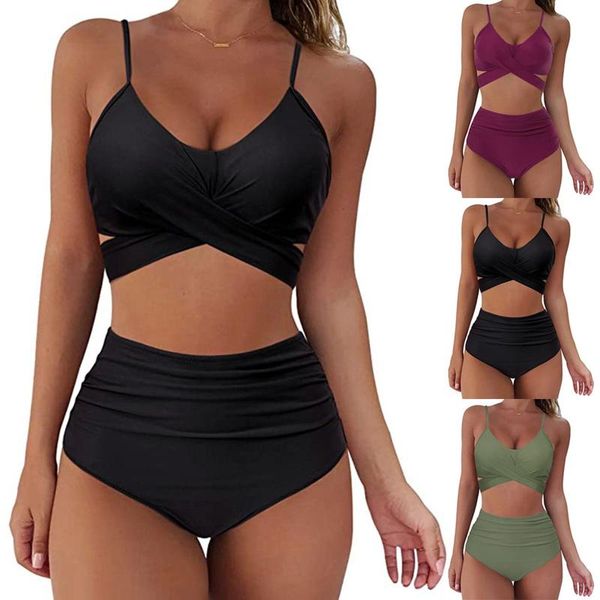 

women's swimwear 2021 lace up two pieces summer solid color split two-piece halter bikini swimsuit beachwear, White;black