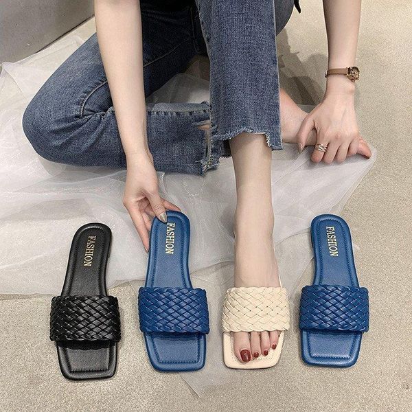 

square toe female shoes ladies' slippers low luxury slides 2021 flat summer soft girl designer basic rubber hoof heels rome casu, Black