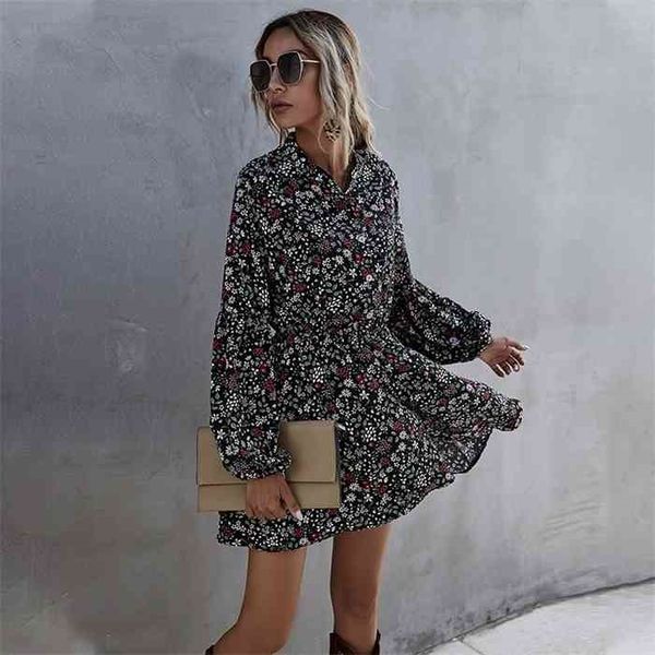 

spring new short print dress women casual lantern sleeve ruffles high waist floral dress for women 2021 summer dress, Black;gray