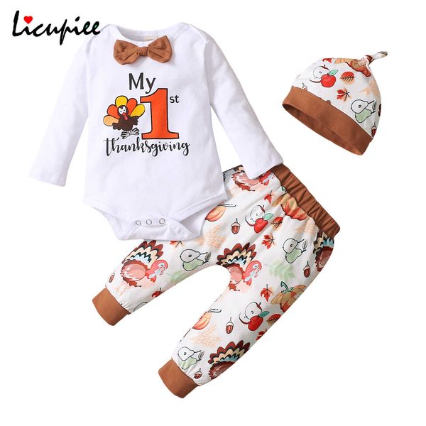 0–18 Monate 3-teiliges Thanksgiving Day-Outfit für Babys, Mädchen und Jungen, langärmeliger Strampler mit rundem Kragen und Buchstaben + lange Hühnerhose + Mütze G1023