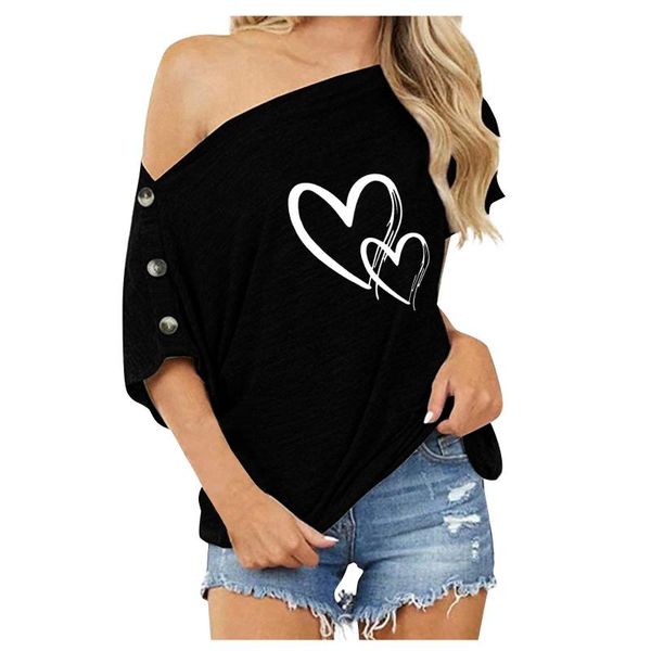 

women's t-shirt solid with side shirring button women double heart print oversized casual short sleeve tshirt camisetas mujer, White