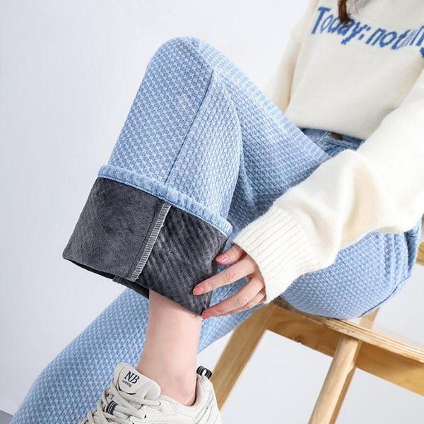 

women's jeans 2021 winter women high waist plus velvet fashion vintage female knitted denim loose wide leg pants trousers s1514, Blue