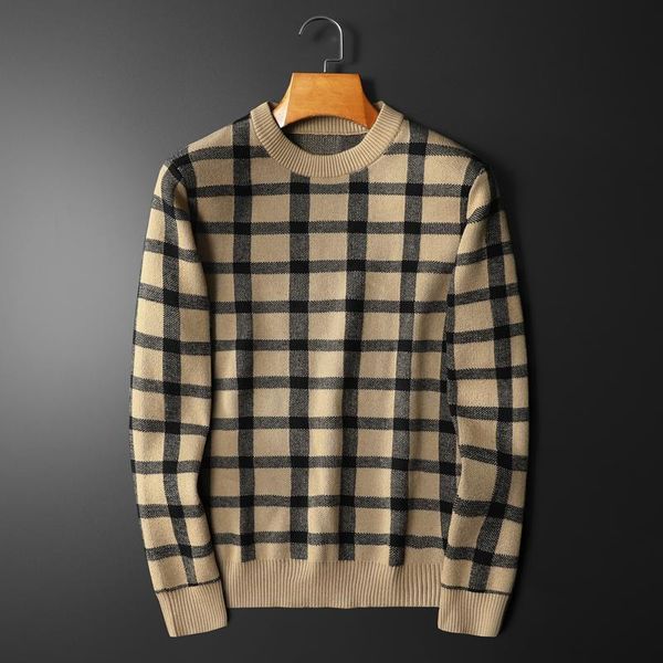 

men's sweaters minglu autumn winter wool male luxury round collar plaids simple casual fashion slim fit man, White;black