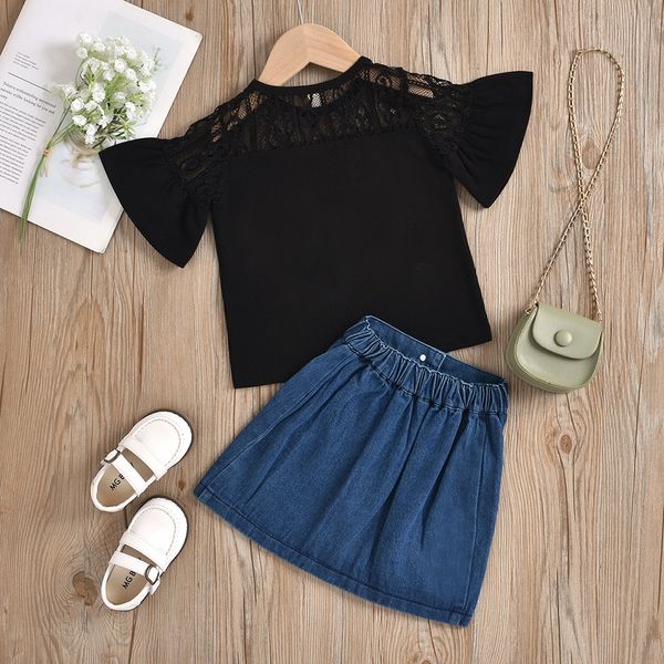 

new good quality factory price fashion selling childrens black sweet lace denim skirt two-piece suit, White