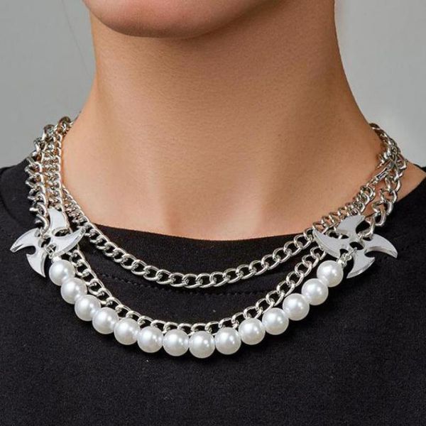 

pendant necklaces vintage 3-layer pearl necklace hip hop boomerang choker for women men jewelry & pendants colar, Silver