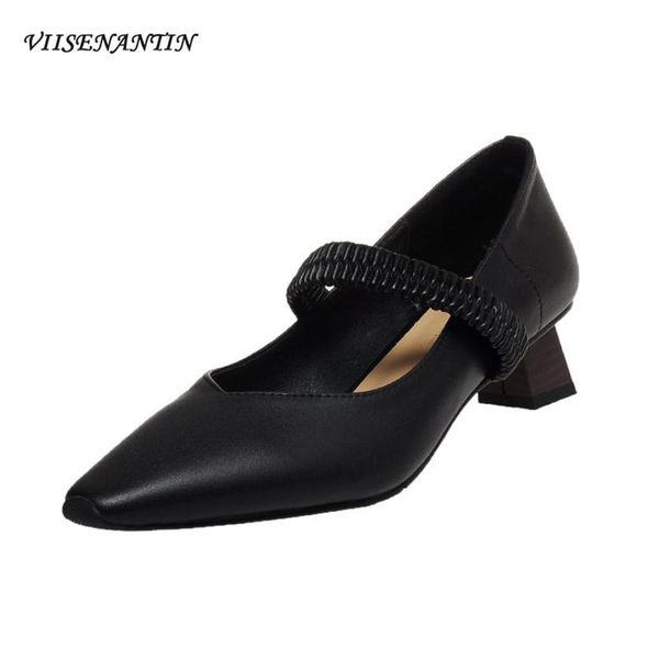

spring korean version of the mary jane word with pointed toe thick heel fashion high-heeled shoes dress, Black