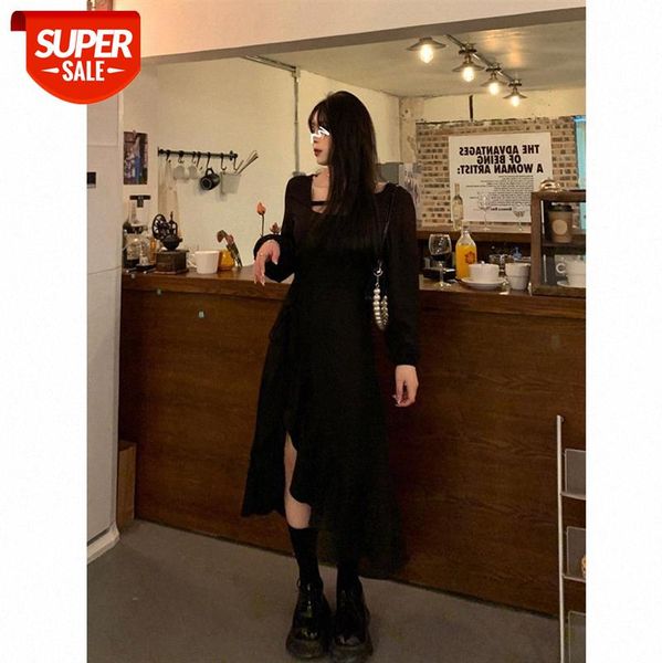

fat mm french temperament square collar long irregular ruffled slit dress women #nu12, White;black
