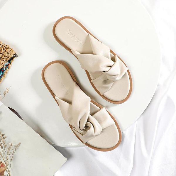 

cross band round open toe hollow flats slides summer women outside casual soft bottom slippers brief brand non-slip, Black