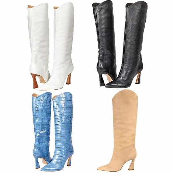 

boots women ladies pointed toe crocodile pattern knee the thigh high heel shoes western plus size 5colors 2022, Black