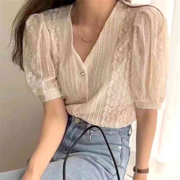 Coreano Chic Blusa Mulheres Temperamento V-Pescoço Pesado Crochet Camisa Floral Ver através de Tops Blusas Mujer de Moda 210529