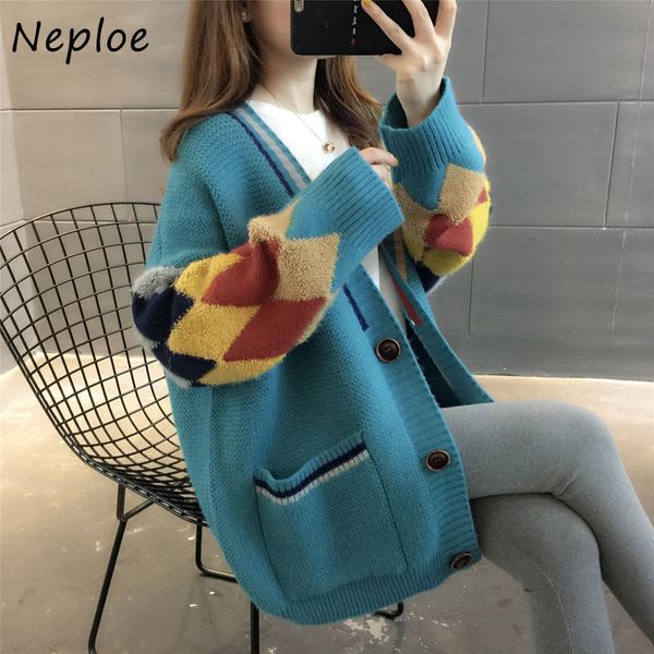 

neploe autumn winter women sweater casual v-neck single breasted pockets computer knitwear cardigan loose long sweater coat 210423, White