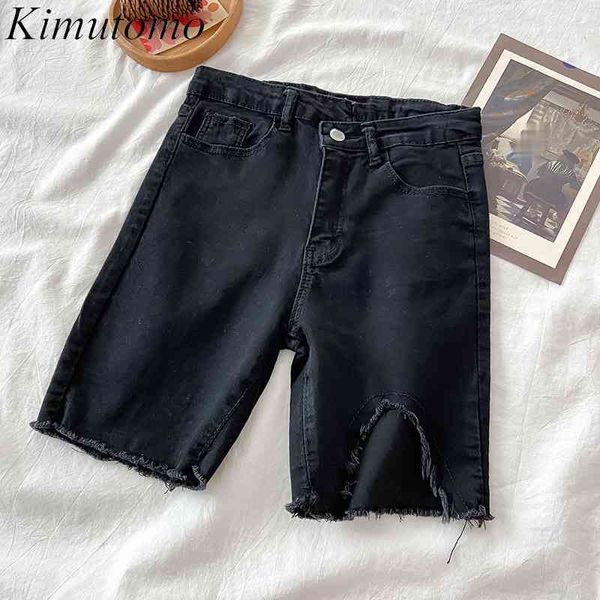 Kimutomo Jeans a vita alta Ladies Chic Hong Kong Style Black Zipper Fly Straight Knee Lunghezza Jean Shorts Donna Estate 210521