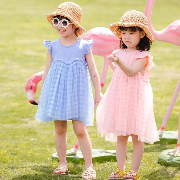 

girl's dresses baby girl dress fashion plaid flying sleeve princess mesh stitching kids for girls 1 2 3 4 5 6 years child, Red;yellow