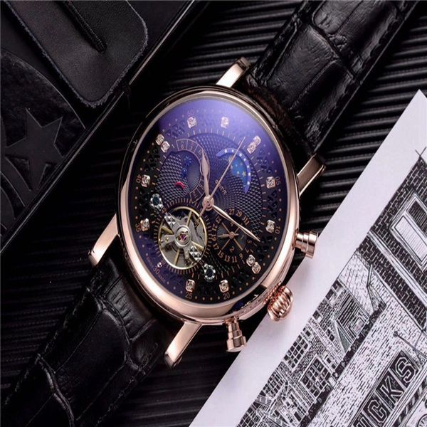 

2022 leather tourbillon male watch 2813 automatic mens wristwatch men mechanical steel watches relogio masculino clock phases of the moon, Slivery;brown