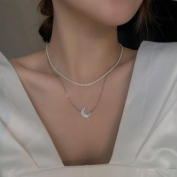 

chains double moon folding necklace female small design sense light luxury clavicle chain, Silver