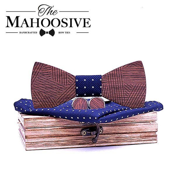 

men's plaid wooden bow tie set striped bowtie handkerchief cufflinks sets with box for men wedding gift, Blue;purple