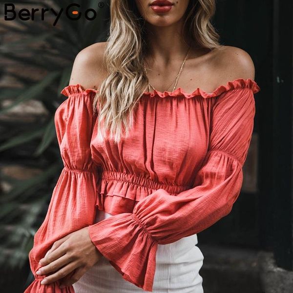 

women's blouses & shirts berrygo off shoulder ruffles flare sleeve short blouse shirt women 2021 plus size feminine casual autumn winte, White