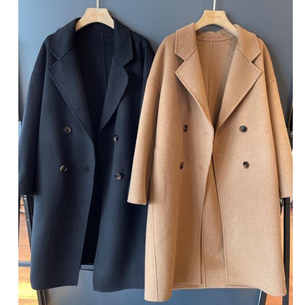 

women's wool & blends 2021 autumn fashion women coat turn down collar drouble breasted woolen femme casaco abrigo streetwear, Black